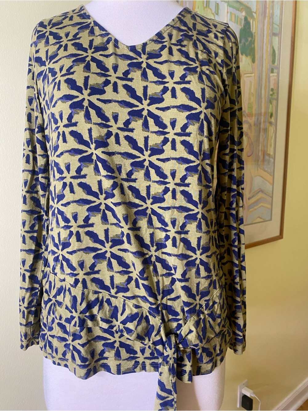Belle by Kim Gravel Women’s Long-Sleeve V-Neck Printed Top in Olive and Navy